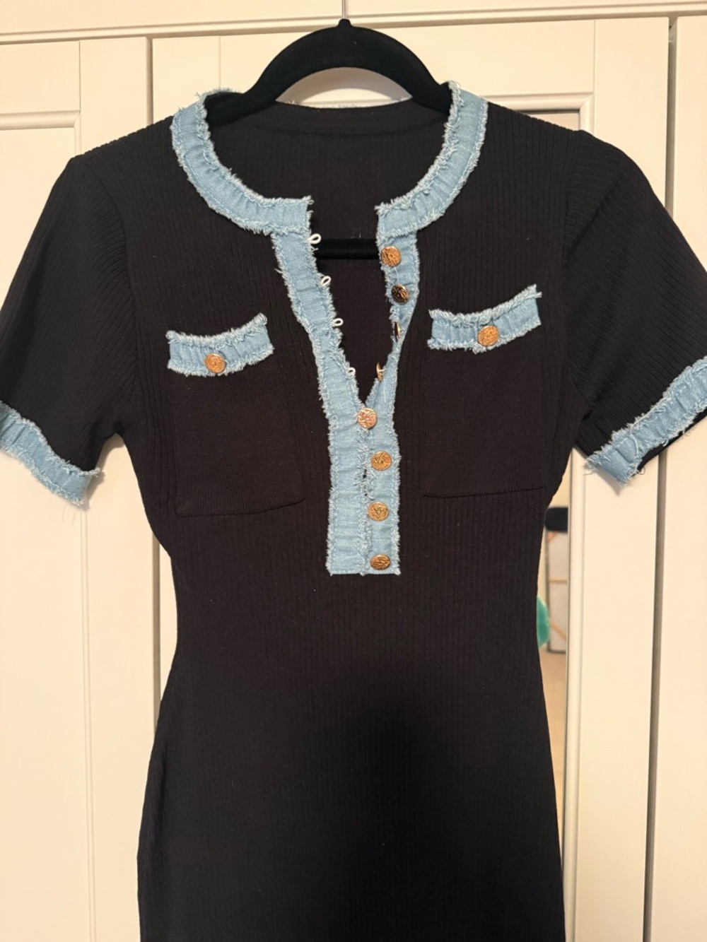 Black Knit Midi Dress with Blue Trim - Picture 2 of 5